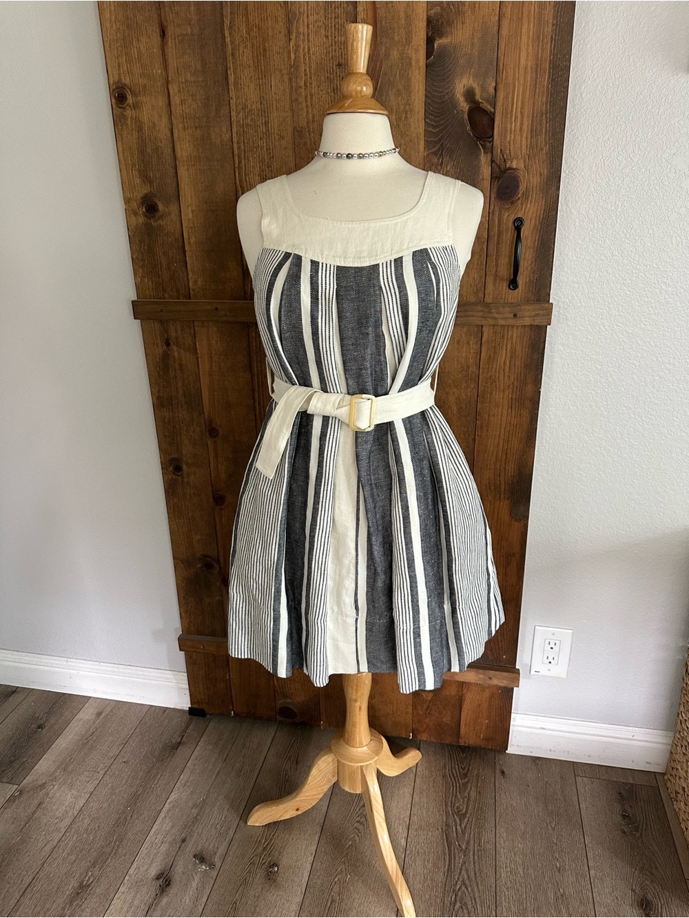 Striped Sleeveless Midi Dress with Cream Belt